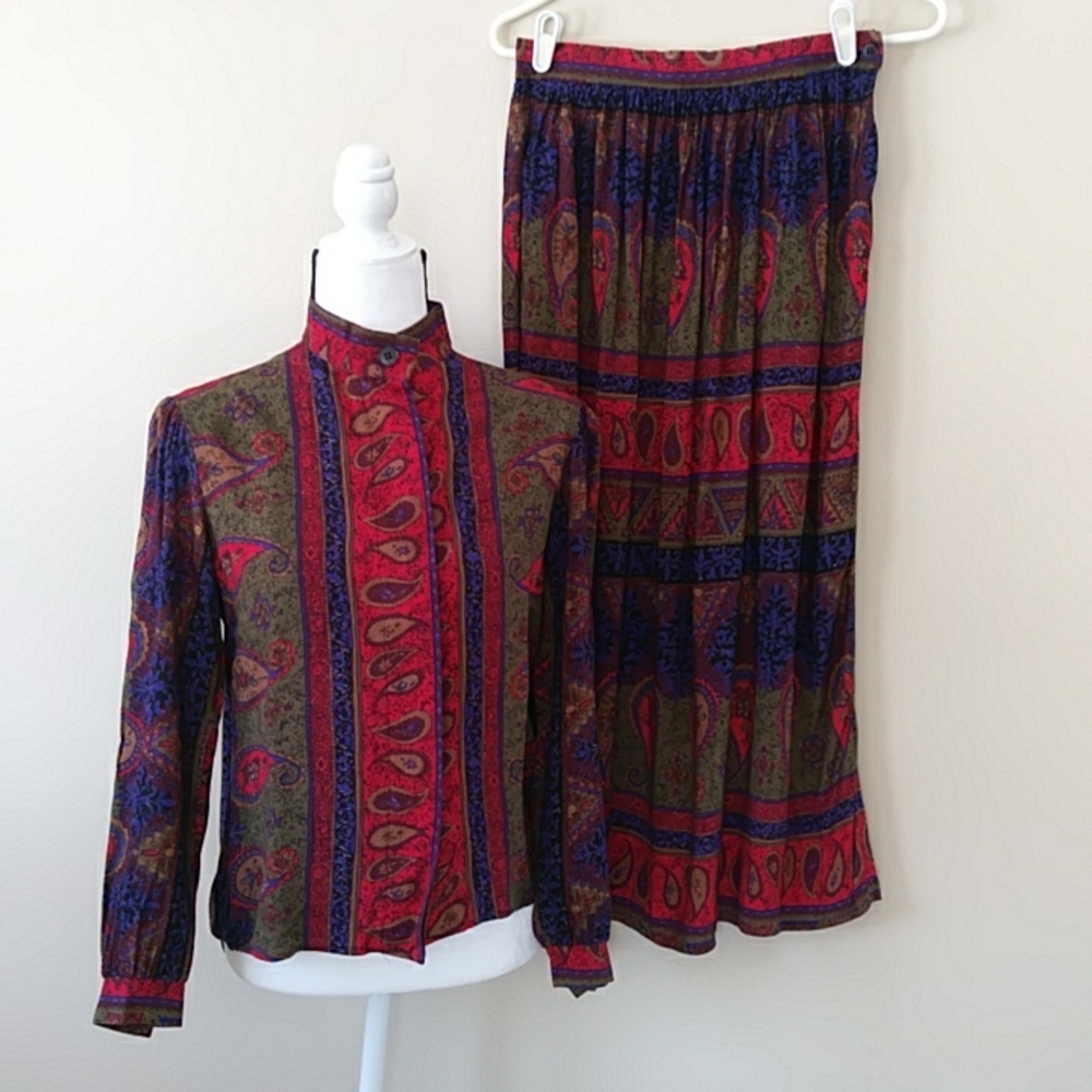Vintge Robbie Sport Paisley Floral Blouse and Maxi Skirt Set 8  Red Blue